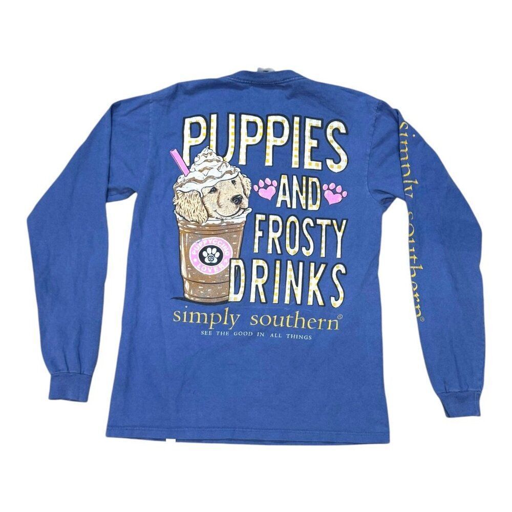 Simply Southern Puppies Frosty Drinks Blue Long Sleeve Shirt S Cotton Womens Top